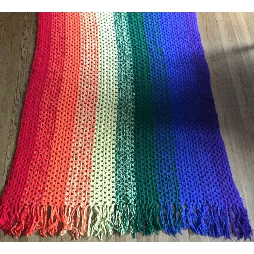 Handmade Crochet Rainbow Afghan Blanket Throw Fringe Edge 54W x 84L